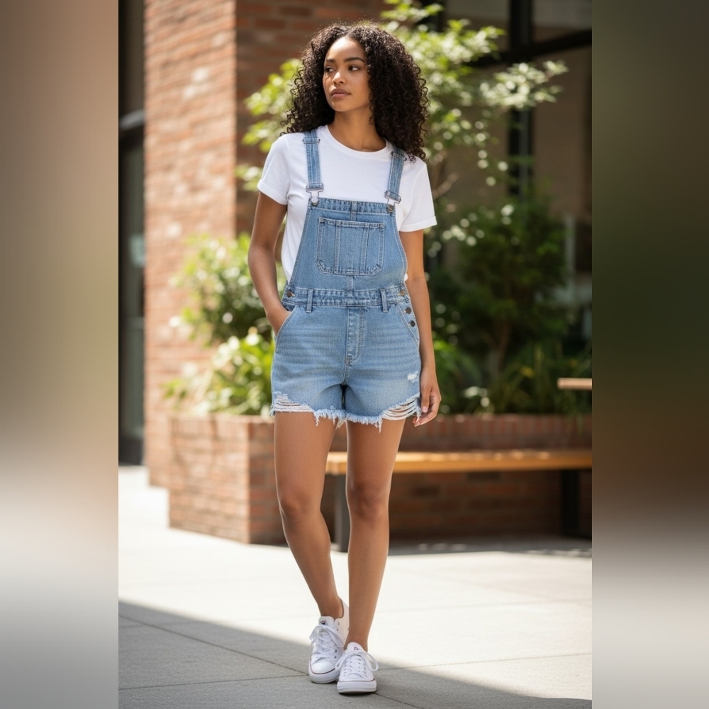 Classic Light Blue Denim Short Overalls for Women